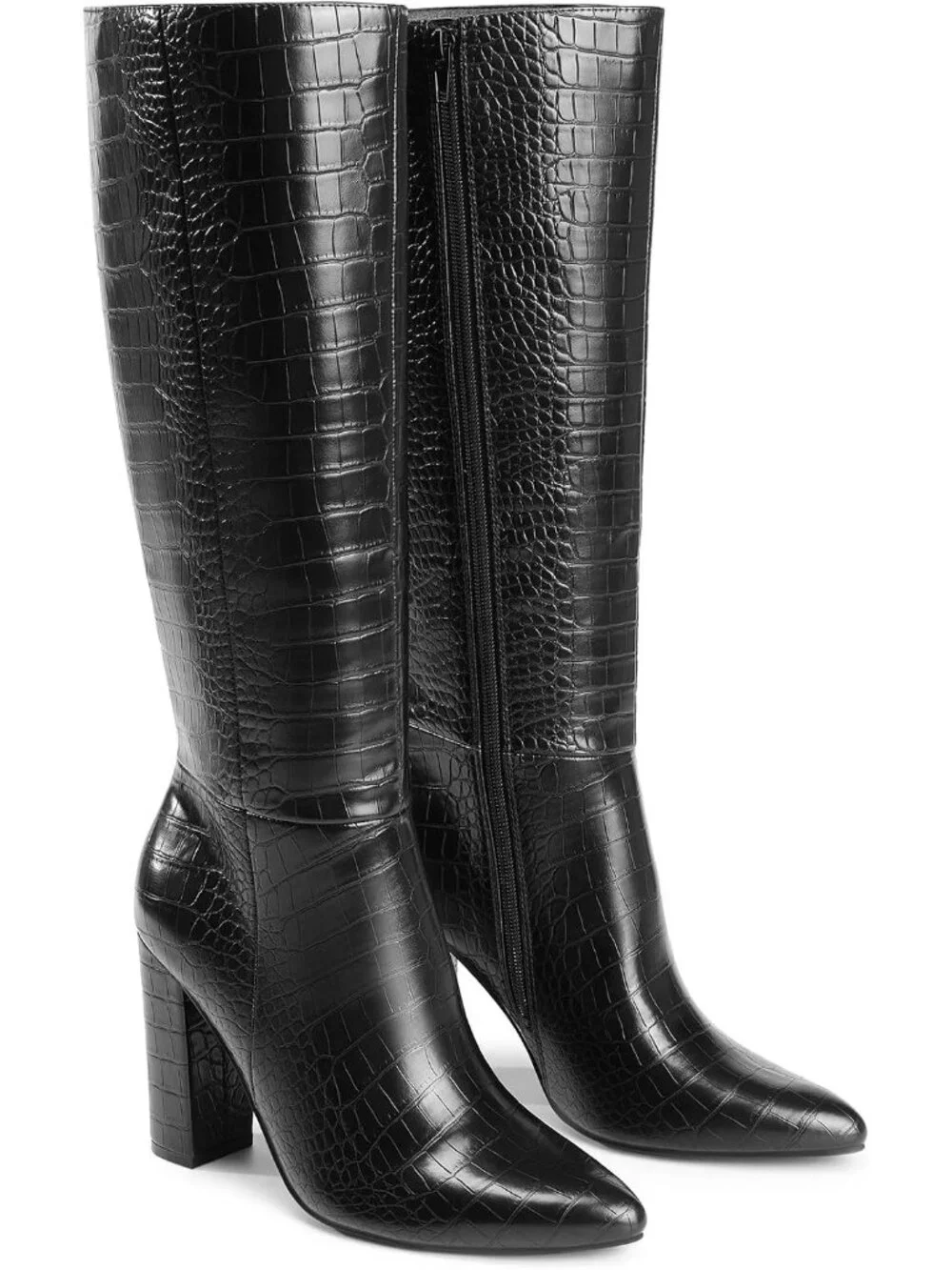 Women's Black Faux Leather Chunky Heel Pointed Toe Side Zipper Knee High Boots